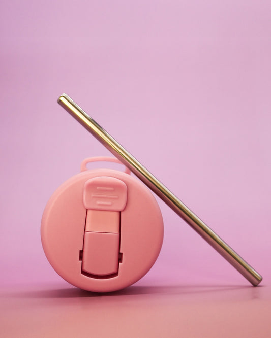 Pink flip lid wih stainless steel straw