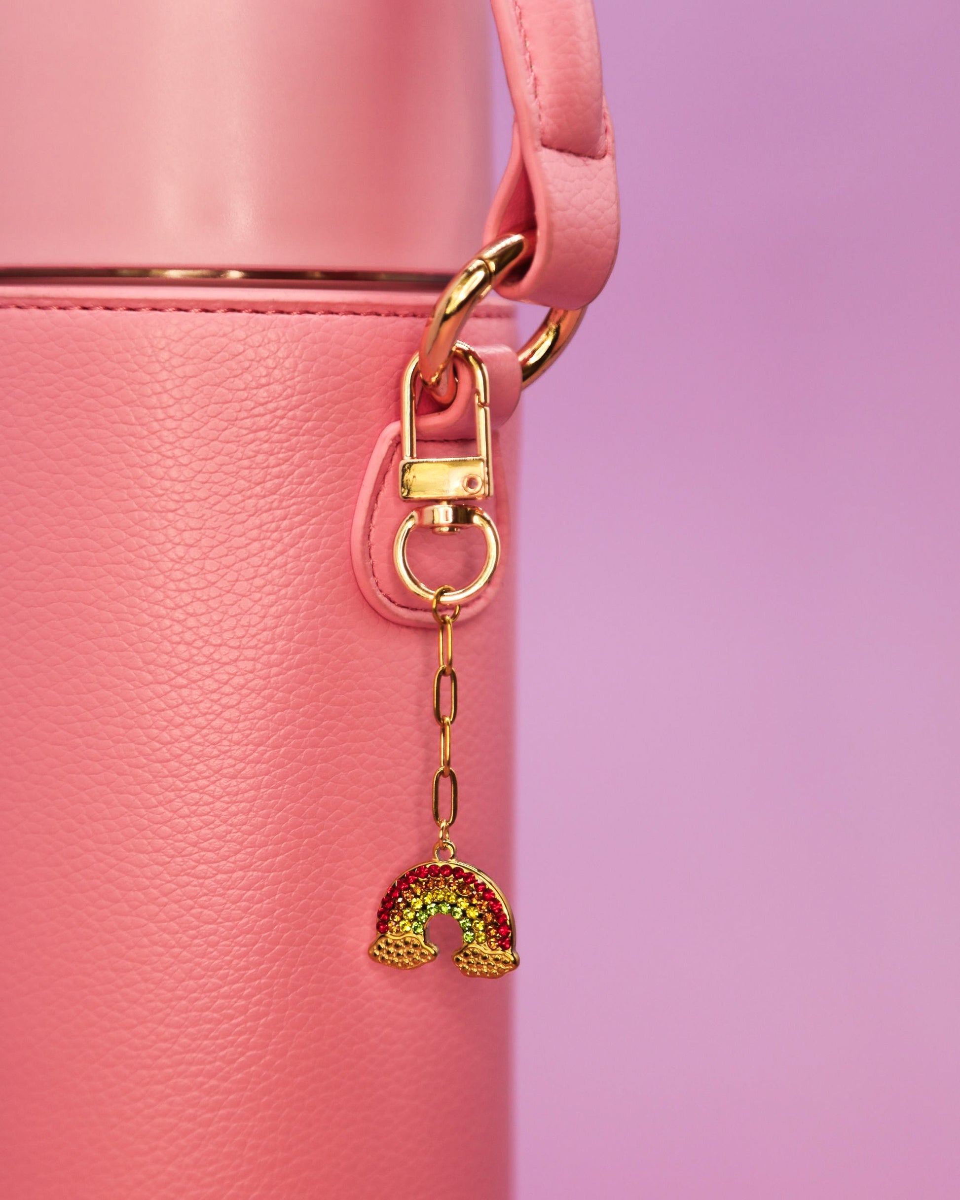 rainbow charm on pink water bottle