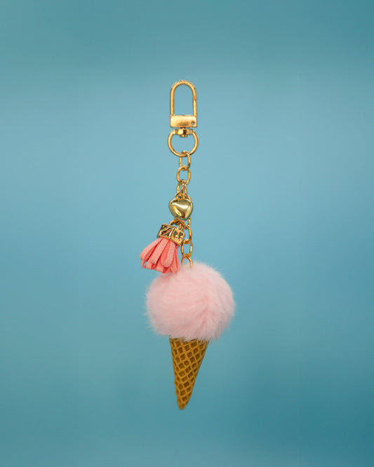 Loomi ice-cream water bottle charm with pink scoop and cone pendant.